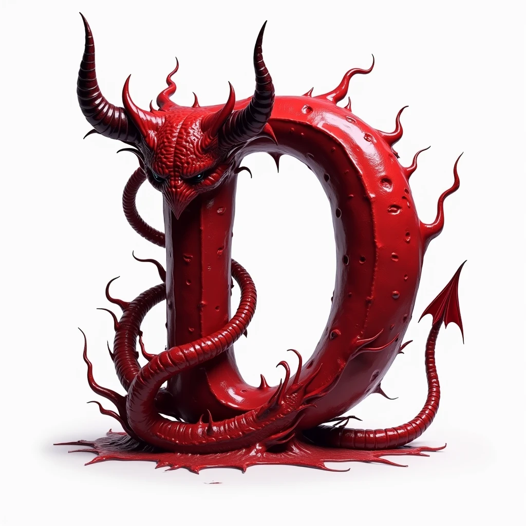 a sexual striking red letter D with demon horns and a tail, creating an impression of sexuality and power. White background. High-resolution.