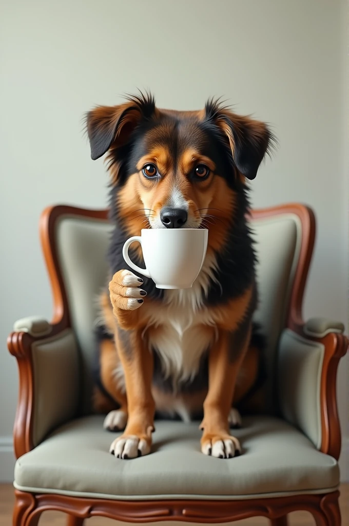Very realistic dog drinking coffee sitting on a chair but all realistic