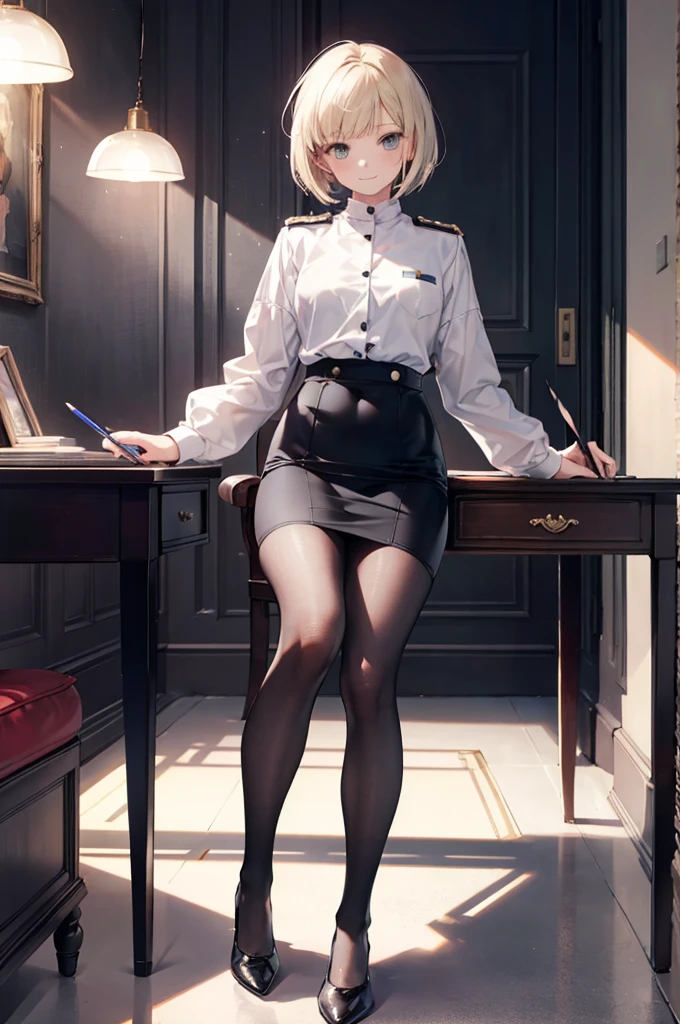 (masterpiece), 4K,woman,I have a pen,long sleeve military uniform,Small breasts,Small Ass,Bobcut,Light bulb lighting,Realistic, skinny, Amis Stockings,smile,Sit in a luxurious chair,((Knee-length pencil skirt)),