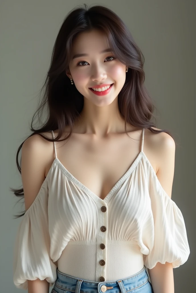 ((best quality, 8k, masterpiece: 1.3)), 1 woman, beauty of slim abs: 1.3, (casual hairstyle, :1.2), loose dress, super fine face, delicate eyes, double eyelid, laugh. Take a picture in a cute pose, Very low number, small waist, very large breasts, enlargement, enlargement, beautiful background, Korean woman in her 20s