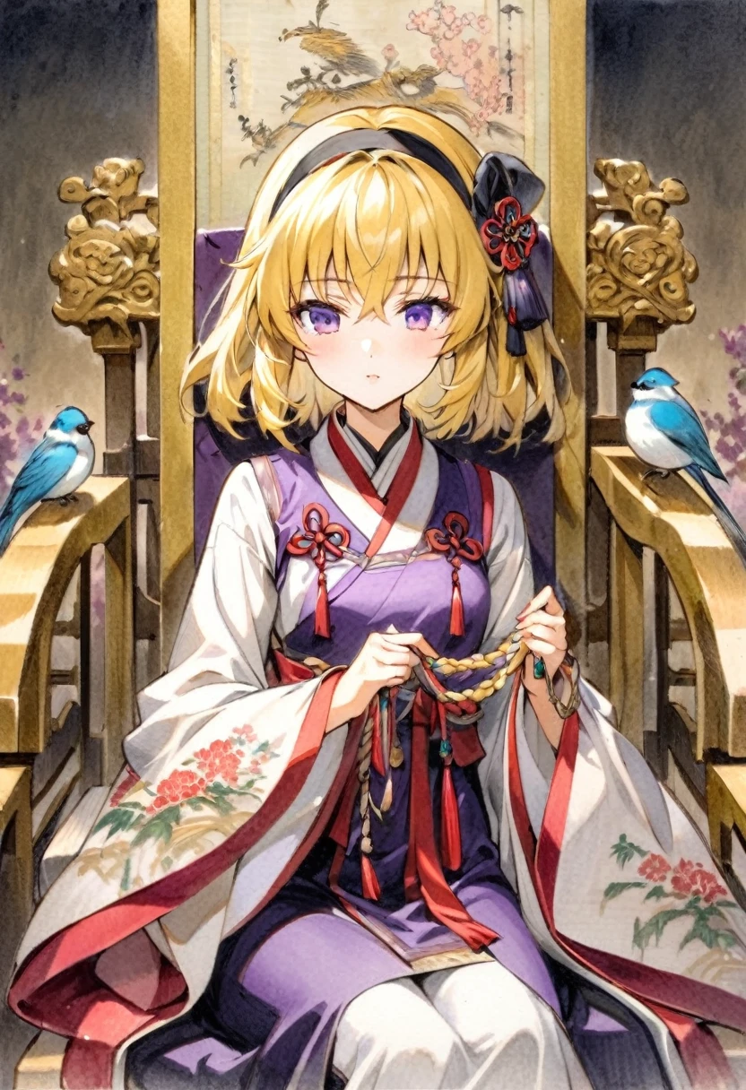 (houjou_Satoko), (Throne), Nice, gold and silver, silk, gem, flower and bird paintings, ancient China, Royal Family, Nice,Sitting, Wide sleeves, dress, Blurred, Sleeveless, Traditional Media, Braiding, Traditional attire, Cowboy Shot, 1 Female, (Yellow Hair), blonde, Purple eyes, short hair, hair band, Small breasts, I&#39;m , 