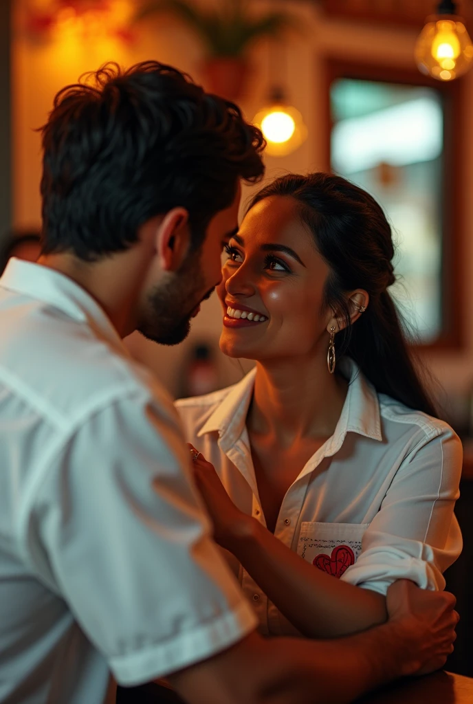 A Brazilian woman, 30years, slicked black hair, white, wearing a shirt with a heart print ,with jeans, sitting at a bar with her husband, vestindo camiseta white, passionate personality . 真实感