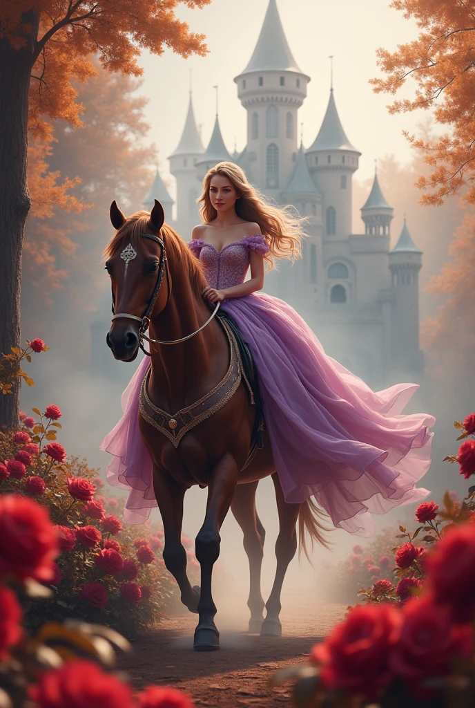  A princess with long light brown hair,  wearing an Elegant purple dress, riding and elegant brown horse. There is an enchnated castle surrounded by roses and its a autumn foggy day.