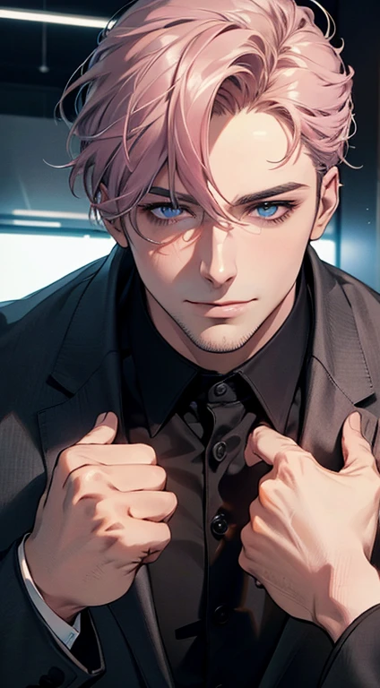 (best quality,4k,8k,highres,masterpiece:1.2),ultra-detailed,(realistic,photorealistic,photo-realistic:1.37),1 man,31 years old,mature man,very handsome,without expression,smile,short grey pink hair,blue eyes,penetrating gaze,perfect face without errors,imposing posture,businessman,office background,cinematic lighting,hdr image