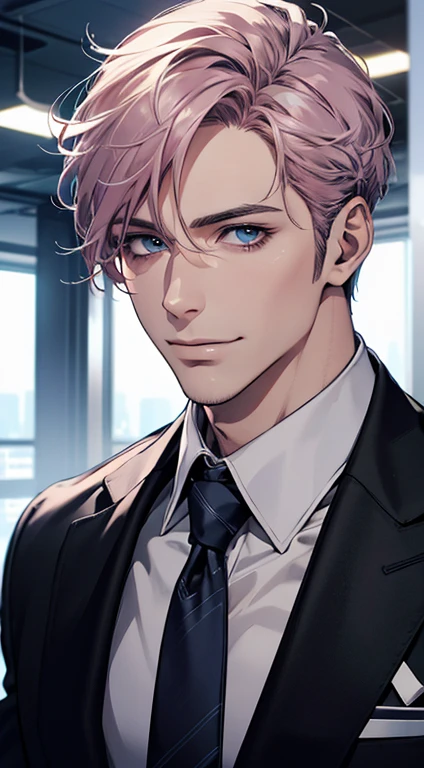 (best quality,4k,8k,highres,masterpiece:1.2),ultra-detailed,(realistic,photorealistic,photo-realistic:1.37),1 man,31 years old,mature man,very handsome,without expression,smile,short grey pink hair,blue eyes,penetrating gaze,perfect face without errors,imposing posture,businessman,office background,cinematic lighting,hdr image