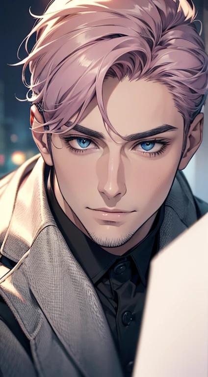 (best quality,4k,8k,highres,masterpiece:1.2),ultra-detailed,(realistic,photorealistic,photo-realistic:1.37),1 man,31 years old,mature man,very handsome,without expression,smile,short grey pink hair,blue eyes,penetrating gaze,perfect face without errors,imposing posture,businessman,office background,cinematic lighting,hdr image