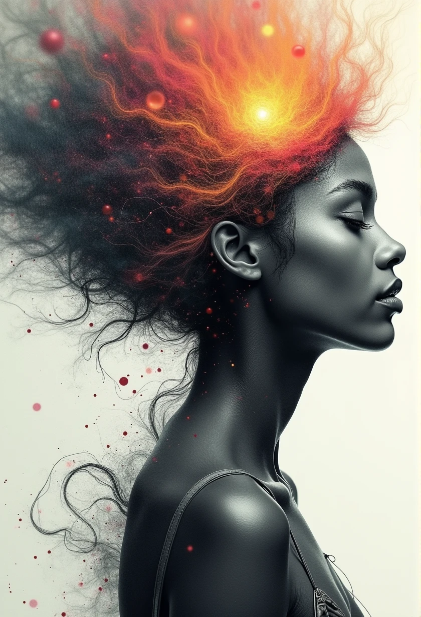I AM A WORK OF ART THAT COMBINES DIFFERENT WORLDS A PERFECT FRONT-FACED PORTRAIT OF DIFFERENT RACES THAT SEES EVERYTHING AND USES ALL THE ELEMENTS OF OTHER WORLDS surreal that IS the abstract form of a beautiful woman. His figure is composed entirely of intertwined SURREAL CHAOS that come in and out, forming A BODY FROM THER WORLD. THINGS vary in thickness, some daring and others fine, creating a sensation of depth and movement, reveals a serene and hopeful expression. The background is a dreamlike swirl of soft pastel colors that blend seamlessly with the lines., suggesting an otherworldly landscape. Subtle touches of light radiate from its shape, symbolizing hope and inner strength, as if emerging from chaos into a world of possibilities. The overall effect is both delicate and powerful., and captures the essence of beauty and hope in an abstract and surreal style. NOTABLE DEPTH OF FIELD RULE OF THIRDS 24K PHOTOSHOP-LIKE FINISH COMBINES BLACK AND WHITE WITH BRIGHT COLORS