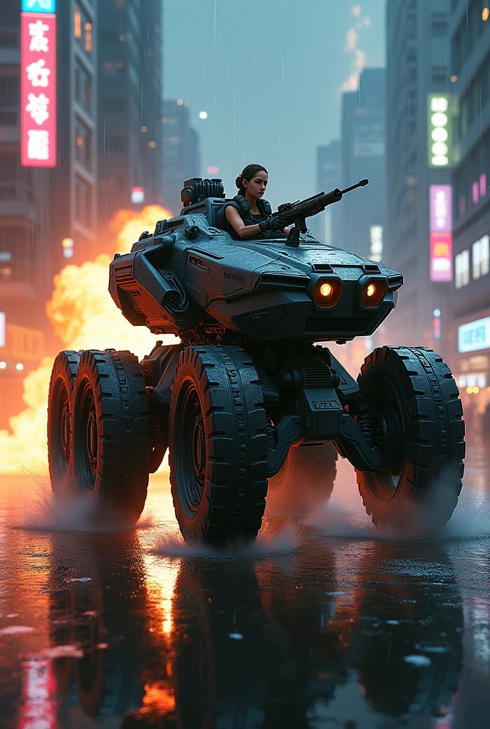 チームベースのアクションシューティングビデオゲームの非常に詳細な多足多関節の近未来的なHeavy Armor戦車のキャラクター、Job title: Tank、Exquisitely detailed tanks、Heavy Armor、Rocket Launcher、Beautiful woman driving a tank、Concept Art、Intricate details、Hyperrealistic、8k、Highest quality、Photorealistic、masterpiece、terrorist attack、 explosion、night、rain、 Detailed futuristic cityscape、Neon Light