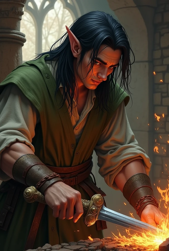 A half elf, male, mature appearance, with black hair, with one green eye and one brown eye, forging a sword in the forge, strong bodie