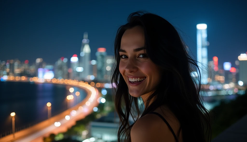 Charli D'Amelio, burgundy-colored hair [woman], mature, older-looking 20-year-old in a neon striped bikini, standing tall at a rooftop in Corona Queens NYC at night, well-lit (best quality, 4k, 8k, highres, masterpiece:1.2), ultra-detailed, (realistic, photorealistic, photo-realistic:1.37), [HDR], [UHD], [studio lighting], [vivid colors], [bokeh], [portraits], [night scene], [city lights], [lush plantesmerizing skyline, lively atmosphere, bustling streets, vibrant energy, [retro vibes], [glowing signs], dynamic poses, confident expression, [colorful stripes], [reflective surfaces], [detailed textures], [refracted light], [sharp shadows], [contrasting colors], [smooth skin], [sparkling eyes], [flowing curly hair], [ethnic beauty], [dazzling smile], [graceful posture], [trendy fashion], [positive vibes].
