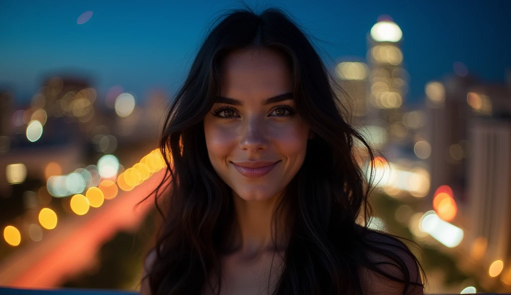 Actress Risabelle Fuhrman looking straight ahead, with a smile on his face,White skin, Her long, dark hair slightly disheveled by the breeze, In the background you can see the lights of the city at night, with illuminated skyscrapers and vibrant streets, the clear night sky with some stars visible, The image captures a feeling of joy and serenity, Photography,