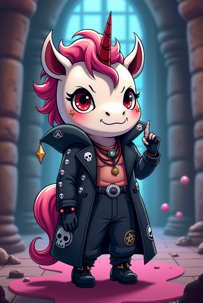 Create a cute plush humanoid demonic unicorn style courage the cowardly dog, wearing an alucard style suit full of skulls, wearing baggy pants, wearing black gloves with a pentagram, wearing a black boot, tattoos on body, black jewelry, full of anxiety on the tele finger, background image a wizard'Hall, Adventure Time style drawing, style cartoon