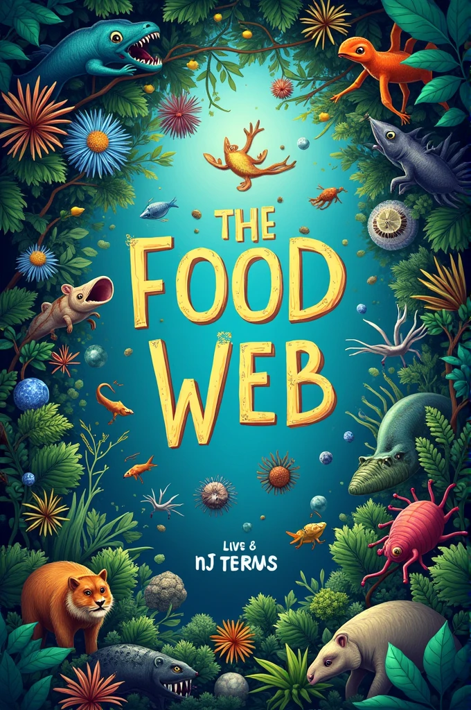 Make a cover for a school project about the food web, add letters and images