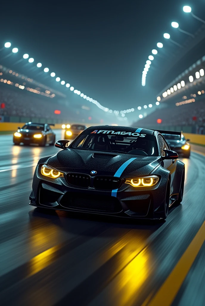 Black BMW cars on a race track at night with yellow headlights on and thousands of people around at the Interlagos race track in Brazil