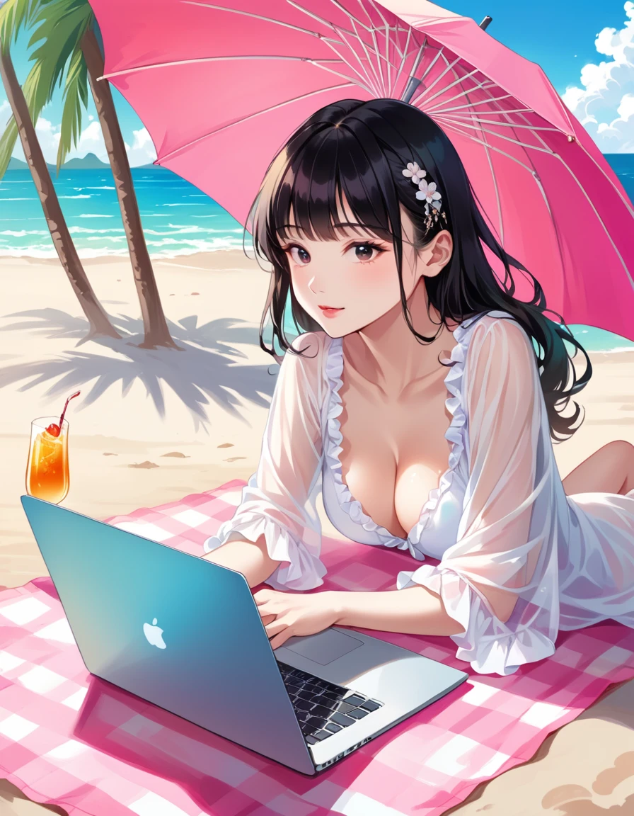 atmosfera sombria oleosa estilo yuyu Hakusho ful hd 4k 100 lines art Bulma power Fenix + Sakura sexy seios pequenos e empinados slim with long aqua short gold + black hair lounges on a beach towel under a colorful umbrella. She wears a pink neon maio with frills and a sheer, decorated cover-up, appearing relaxed while using a laptop. The background features a tropical beach scene with palm trees, soft waves, and a clear blue sky dotted with clouds. Sunlight glistens on her skin, and a glass with a drink sits nearby.