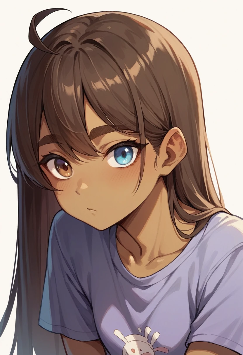 17 year old boy. Olive skin. Thick brown eyebrows. heterocromia, one blue eye and one brown eye. Brown hair, wavy and very long with bangs. Wearing a purple t-shirt. slim and stylized body, with a slim and pretty face