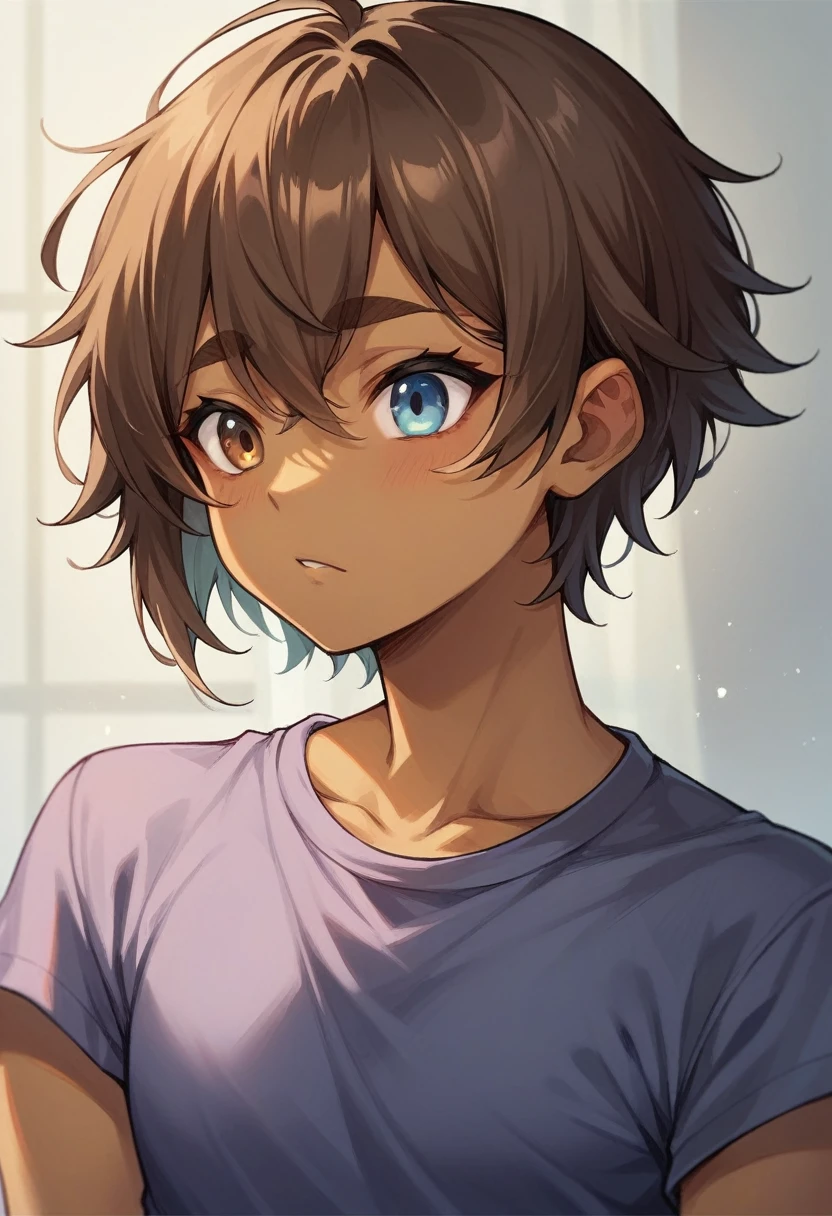 17 year old boy. Olive skin. Thick brown eyebrows. heterocromia, one blue eye and one brown eye. Brown hair, wavy and very long with bangs. Wearing a purple t-shirt. slim and stylized body, with a slim and pretty face