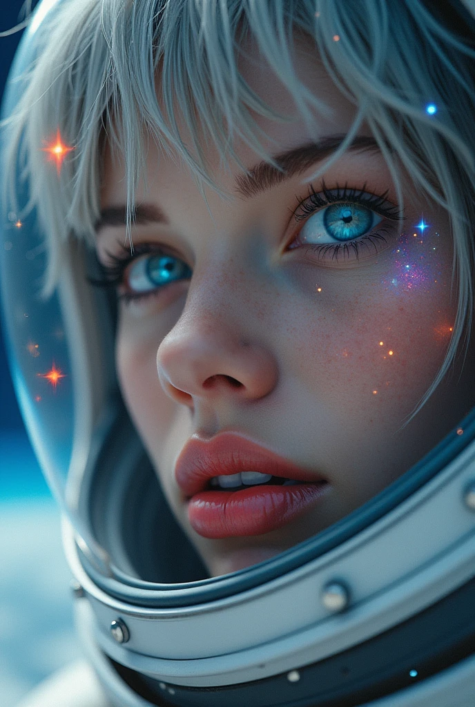(Close-up of a better masterpiece:1.5)0.9], (Space and astronauts:1.2) (Messy silver hair:1.1) (Heterochromia xanthochromia and blue eyes:1.2) (Space Helmet:1.0) (Colored stars in the eyes:1.0) (A radiant glow:1.1) (thick lips:0.9)