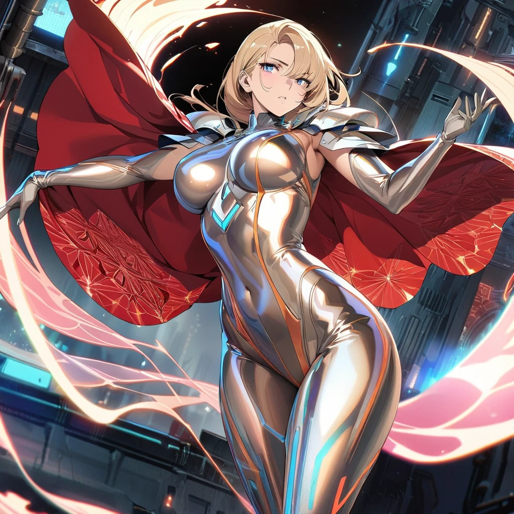 A female character in a strong, confident pose, She is dressed in a sleek, metallic bodysuit with intricate, shimmering patterns resembling steel plates. Her gloves are long and metallic, while her boots are armored and have a futuristic design. She wears a semi-transparent cape that shimmers like flowing steel, with one hand raised, The background is a simple, dimly lit industrial setting, sexy, nude, hot, gorgeous, beautiful, very hot, best body, best breast, detailed gorgeous face| anime style| key visual| intricate detail| highly detailed| breathtaking| vibrant| panoramic| cinematic| Carne Griffiths| Conrad Roset| gibbli 8k.