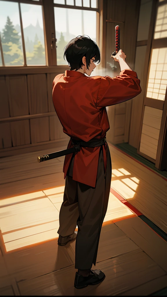 Hiroshi in a wooden dojo, practicing sword moves. His master, an older samurai, watches intently. ((4k))