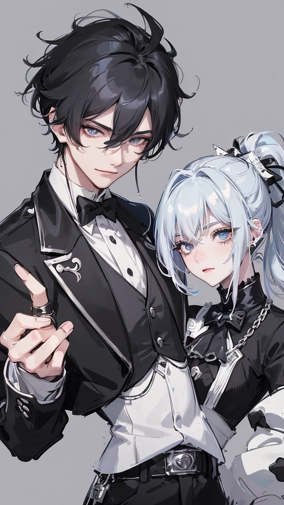 1 boy, anime, futuristic setting, elegant, fancy, tuxedo, high quality, intricate details, black bear ears, waist belt, chain accessories, pale blue eyes, panda aesthetic, butler outfit, smirk, ponytail, hairclips, pistol holster, androgynous, closeup, beauty marks, elegant setting, panda ears, gloves, rings, black and white hair