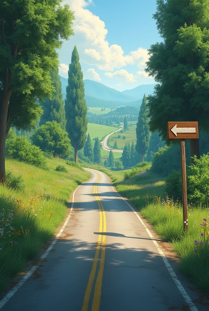 Create as realistic a road as possible with a fork that leads to two different sides, where one sign points one way and the other the other way representing the choices and changes possible after training, make a forked road