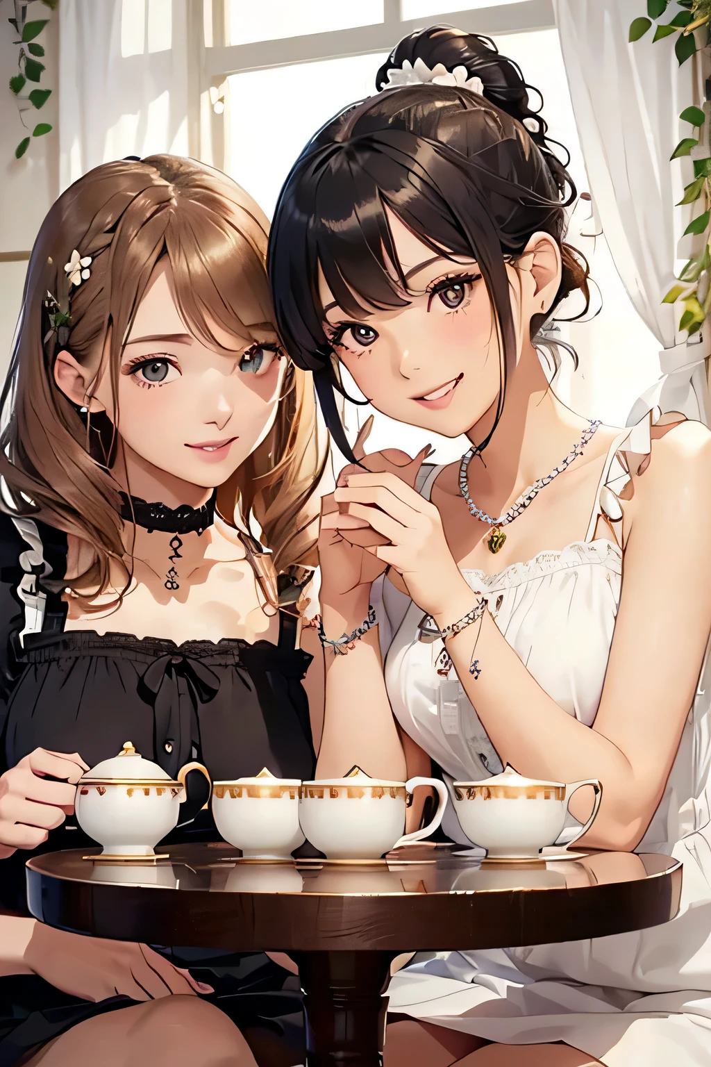 Highest quality、High resolution、Detailed Background、(Beautiful face in every detail:1.4)、Anatomically correct、(Normal number of fingers:1.2)、Detailed facial expressions、(Detailed eyes)、age beauty、(Highly detailed face:1.4)、Light color hair、ponytail、Bobcut、Braided long hair、Wavy Hairstyle、well-groomed eyebrows、Cute Eye Makeup、Cute Lip Makeup、Calm atmosphere、Tea time at the cafe、A big smile、smile、
(Two women enjoying tea time at a cute cafe:1.5)、
Flared silhouette dress、Camisole dress with frills and lace、A-line dress with ribbon and flower motif、A clean base color such as white、Ribbon and flower hair accessories、Pearl and jewel necklaces、bracelet、Gorgeous yet feminine、very beautiful