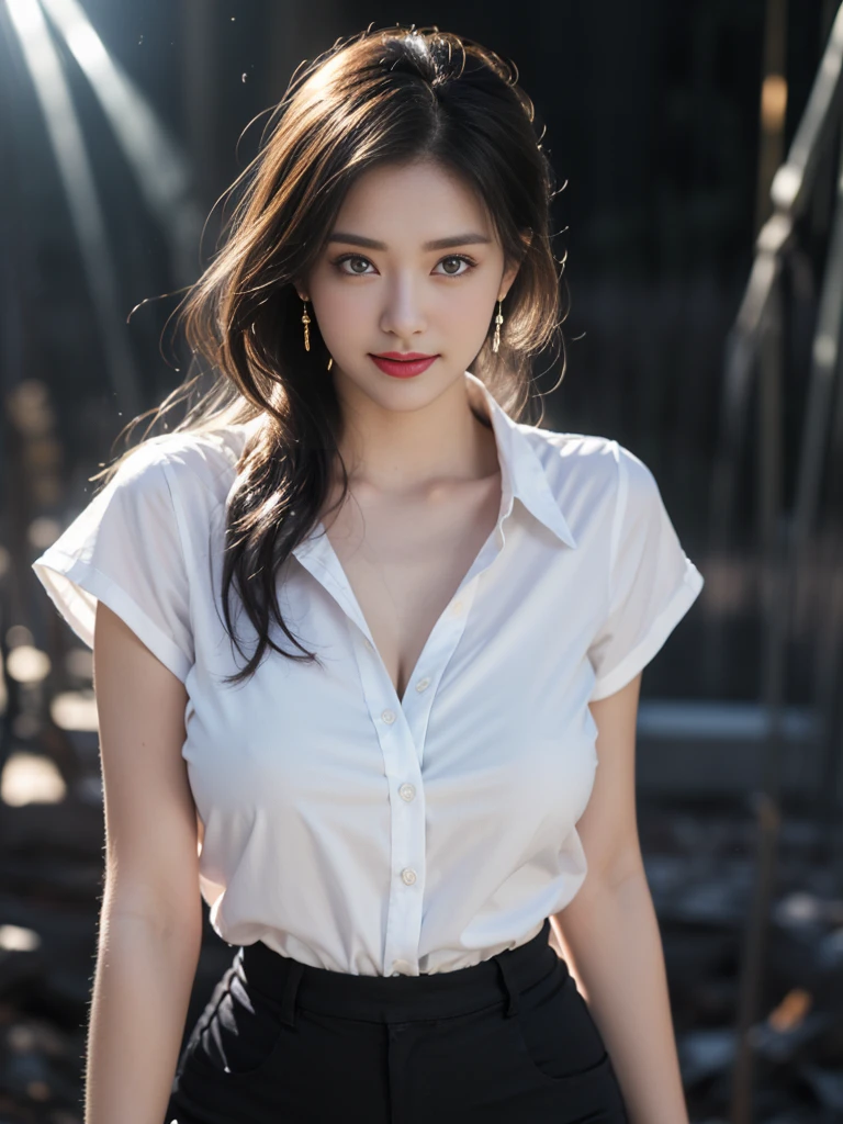 1 beautiful girl wearing a work shirt, ((provocative thin white shirt)), long platinum purple ponytail. Hair, Jewelry, earrings, thin black silk scarf, carefully drawn big purple eyes, carefully made up, thin eyebrows, high nose, beautiful red lips, bright smile, pursed lips, rosy cheeks, wide chest, big breasts, well-proportioned breasts, slim waist, well-proportioned buttocks, purple fishnet stockings, Chinese Hanfu style, fictional art pattern, colorful and realistic, RAW photo, Realistic photo, ultra-high quality 8k surreal photo, (effective magical light effect: 1.8), 10 x pixels, magic effect (Background): 1.8), super detailed eyes, full body portrait of the girl, vineyard, dynamic, pose (Depth of field f/1.8:1.45 ), sharp focus, original photo, (Thin white shirt:1.45), (Thin black pants:1.4), (Thin tight black pants:1.4 ), (Thick thighs:1.5), (Forward facing:1.25), (cowboy photo:1.4), (Night sports:1.4), (dark sky:1.5 ),