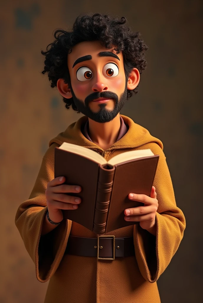 FRANCISCO DE ASIS WITH HIS BROWN HABIT READS THE BIBLE PIXAR STYLE