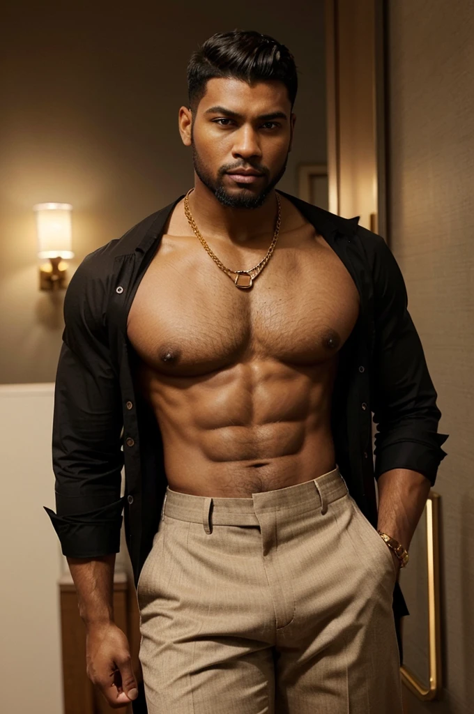 A 1.73m tall, muscular black man with short, straight hair and a fringe, with the sides of his head shaved. He has a light brown skin tone similar to Beyoncé's and a trimmed beard. He stands confidently, wearing high-waisted black tailored pants and a white long-sleeve dress shirt with the top buttons open, revealing his well-groomed chest hair and a gold chain. His elegant hairstyle and strong, masculine presence are complemented by a distinct Mexican style