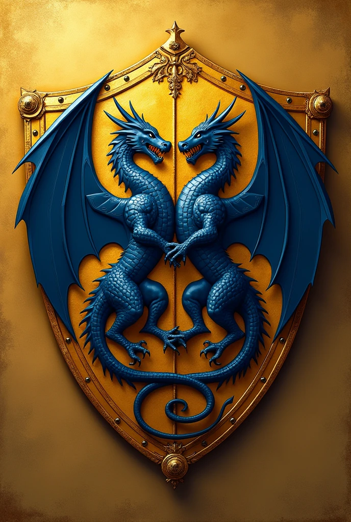 Create a shield image inspired by the style of &#39;Game of Thrones&#39;, with a solid gold background. No centro do escudo, place two navy blue dragons crossed over each other with their wings open. The dragon should have a stylized design, similar to the coats of arms of &#39;Game of Thrones&#39;, but with a new and innovative touch. Avoid replicating the Targaryen dragon, and look for a creative and original look that matches the medieval aesthetics of the coats of arms, remembering to use the series&#39; aesthetics, being optimized and beautiful 
