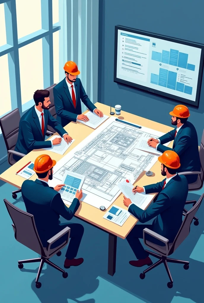 “Create a realistic illustration that represents the process of implementing the Occupational Health and Safety Management System. Shows a team of professionals reviewing a detailed blueprint or schematic in a conference room. Includes items such as documents, risk assessment charts and a monitor with safety data. The scene should convey meticulous planning and cooperation in a collaborative work environment..”