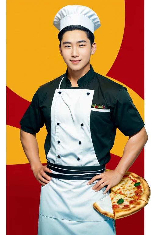 A young and handsome pizza chef with a slight smile on his lips, hands on hips, exuding confidence in his gaze. Various images of ingredients float around him, such as vegetables, fruits, meats, and more.,in the style of the stars art 32k, best quality, masterpiece, super detail, high details