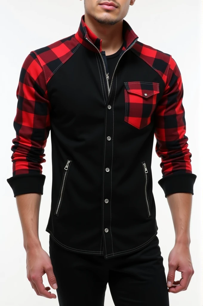 Raglan social shirt, with zipper on top, buttons on the body in the center, open bottom without zipper or buttons, with black shirt body, with long sleeves black and red plaid all over, small beginning of the all black folded sleeve, bottom of red and black plaid shirt, large red and black plaid collar, two zippered pockets, One on Each Side, men's fashion