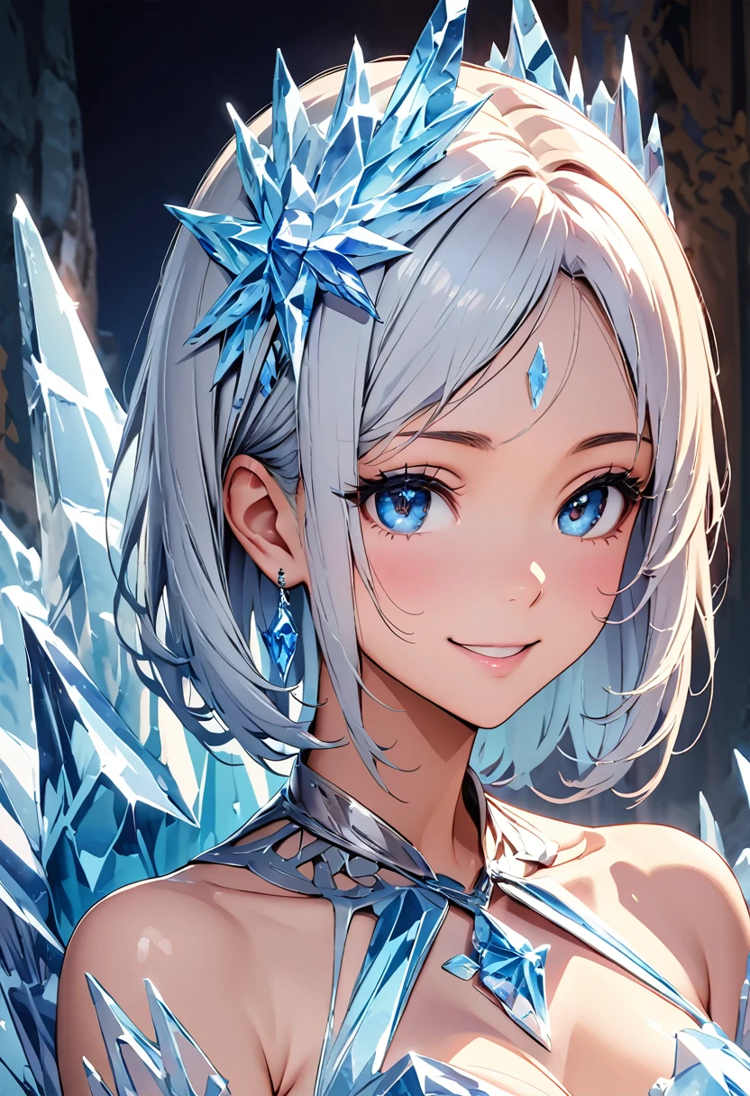 This is a highly detailed and high resolution cartoon style ice sculpture of a beautiful woman made of crystal clear ice. The woman is in a full body pose with a gentle smile on her face. The sculpture is highly detailed, with every detail of her hair, face, and body rendered in crystal-like ice. The transparency of the ice allows the background to be faintly visible, enhancing the unreal beauty of the sculpture. The setting includes a fantastic natural environment decorated with ice crystals, icicles, and frosting. The artwork is very precisely rendered and focuses on realism and an animated aesthetic. The face of the ice is a gentle smile. --crystal, --ice face