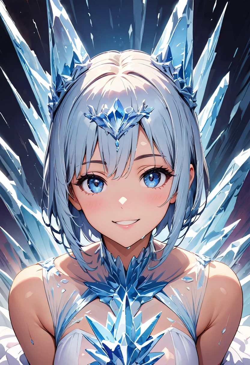 This is a highly detailed and high resolution cartoon style ice sculpture of a beautiful woman made of crystal clear ice. The woman is in a full body pose with a gentle smile on her face. The sculpture is highly detailed, with every detail of her hair, face, and body rendered in crystal-like ice. The transparency of the ice allows the background to be faintly visible, enhancing the unreal beauty of the sculpture. The setting includes a fantastic natural environment decorated with ice crystals, icicles, and frosting. The artwork is very precisely rendered and focuses on realism and an animated aesthetic. The face of the ice is a gentle smile. --crystal, --ice face