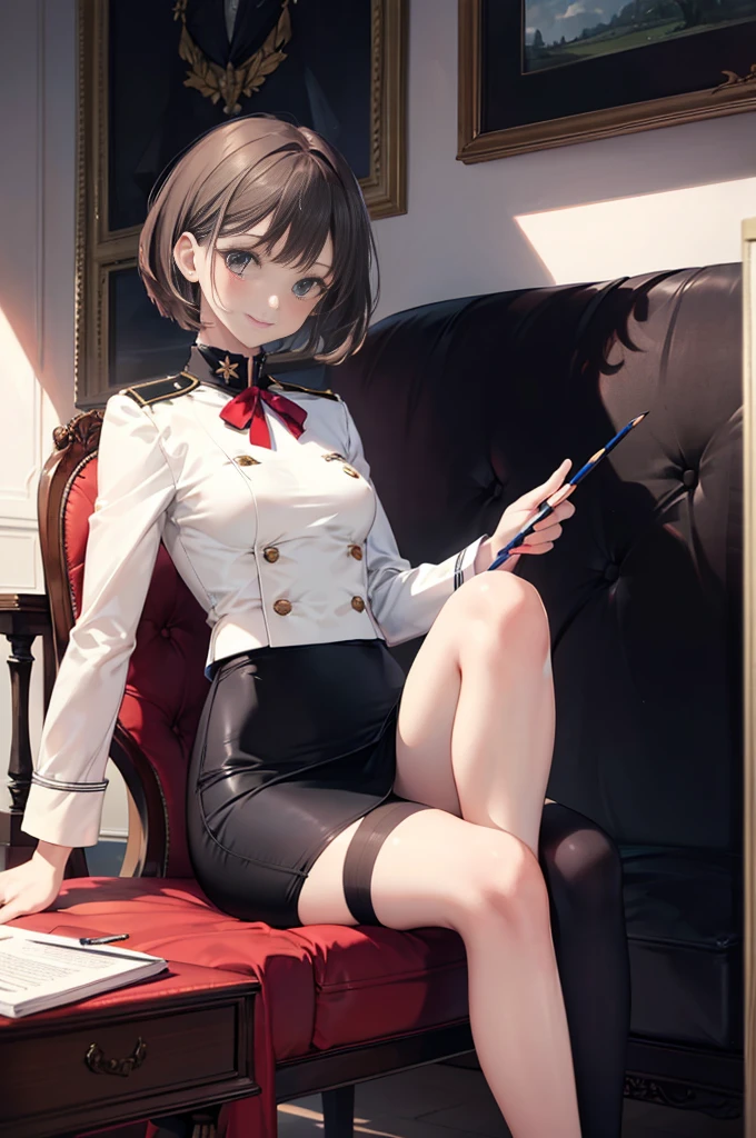 (masterpiece), 4K,woman,I have a pen,long sleeve military uniform,Small breasts,Small Ass,Bobcut,Light bulb lighting,Realistic, skinny, Amis Stockings,smile,Sit in a luxurious chair,((Knee-length pencil skirt)),