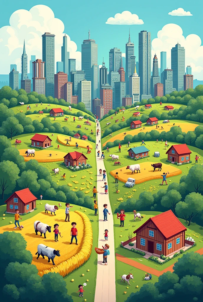 Make a cartoon containing people working in the countryside and in the city