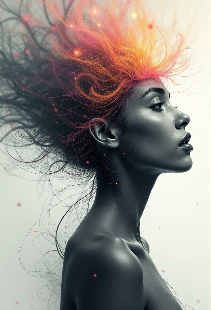 I AM A WORK OF ART THAT COMBINES DIFFERENT WORLDS A PERFECT FRONT-FACED PORTRAIT OF DIFFERENT RACES THAT SEES EVERYTHING AND USES ALL THE ELEMENTS OF OTHER WORLDS surreal that IS the abstract form of a beautiful woman. His figure is composed entirely of intertwined SURREAL CHAOS that come in and out, forming A BODY FROM ANOTHER WORLD. THINGS vary in thickness, some daring and others fine, creating a sensation of depth and movement, reveals a serene and hopeful expression. The background is a dreamlike swirl of soft pastel colors that blend seamlessly with the lines., suggesting an otherworldly landscape. Subtle touches of light radiate from its shape, symbolizing hope and inner strength, as if emerging from chaos into a world of possibilities. The overall effect is both delicate and powerful., and captures the essence of beauty and hope in an abstract and surreal style. NOTABLE DEPTH OF FIELD RULE OF THIRDS 24K PHOTOSHOP-LIKE FINISH COMBINES BLACK AND WHITE WITH BRIGHT COLORS