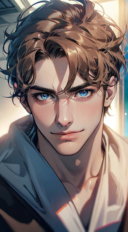 (best quality,4k,8k,highres,masterpiece:1.2),ultra-detailed,(realistic,photorealistic,photo-realistic:1.37),1 man,31 years old,mature man,very handsome,without expression,smile,short grey brown hair,blue eyes,penetrating gaze,perfect face without errors,imposing posture,businessman,office background,cinematic lighting,hdr image