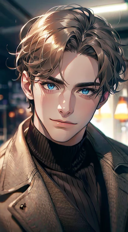 (best quality,4k,8k,highres,masterpiece:1.2),ultra-detailed,(realistic,photorealistic,photo-realistic:1.37),1 man,31 years old,mature man,very handsome,without expression,smile,short grey brown hair,blue eyes,penetrating gaze,perfect face without errors,imposing posture,businessman,office background,cinematic lighting,hdr image
