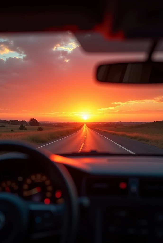 Create an 8k sunset taken from inside the car 
