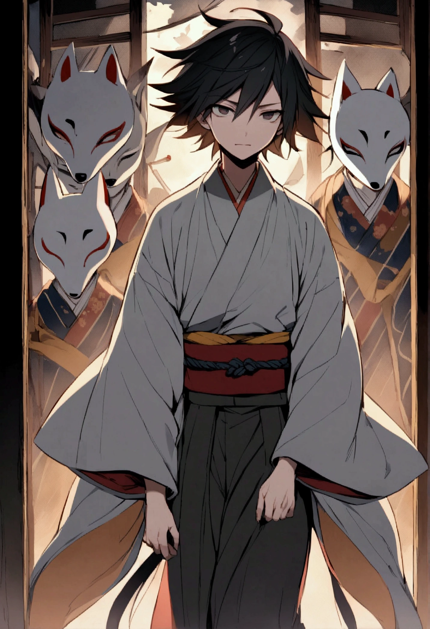 Here is the updated prompt for your book cover:
```
"Cover image for an isekai book. At the center, Renji Takashi, a 17 year old with fair skin, straight medium black hair, and dark eyes that convey sadness and tiredness. He is wearing a worn and faded kimono, staring at the reader with an expression of anguish. Behind him, a shadowy ghost with long, disheveled hair, dressed in torn kimono fragments and wearing a broken Japanese fox mask, is approaching. No fundo, a Kitsune no Men mask is visible, creating a dramatic contrast with the scene."
```