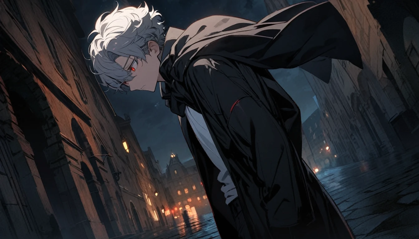 Solitary，Handsome, 1 male，Tall，Gray and white curly short hair，red eye，White top，Black coat draped over shoulders, Dark blue trousers，Black sneakers，European architectural background, The lens shoots from the bottom up，Night view，Looking tired，lack of sleep，