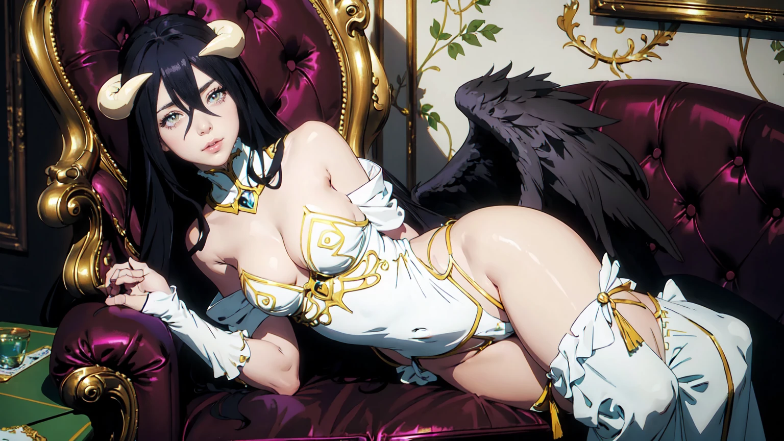 -(Best image quality with high resolution,masterpiece:1.2),ultra detailed, -Adult ALBEDO ,An anthropomorphic owl with intricate details,piercing yellow eyes eyes,The feathers are sharply focused,and massive wings pressed along the body [Dark and mysterious],Bold surrealism,delicate color palette, sukuba horns - gothic style full length dress , little nudity ! large gold details with a clear and readable pattern without blurring the character sits on a luxurious chair 