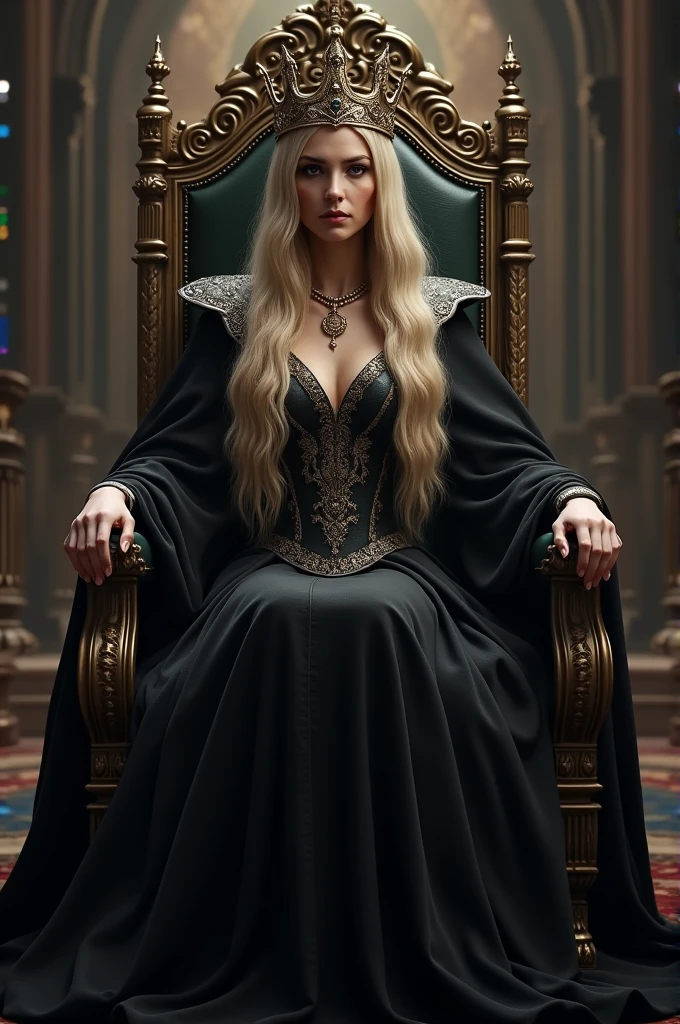 Make a Queen in black clothes sitting on a throne with blonde hair