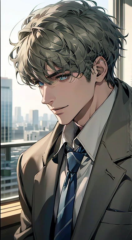 (Highest quality,4K,8K,High resolution,masterpiece:1.2),Super detailed,(Realistic,photoRealistic,photo-Realistic:1.37),1 person,31 years old,Mature Men,Beautiful skin、Profile、very handsome,Expressionless,smile,Short gray green hair,blue eyes,Sharp Eyes,A perfect face without a doubt,Businessman,Office Background,Cinema Lighting,HDR image,tie、