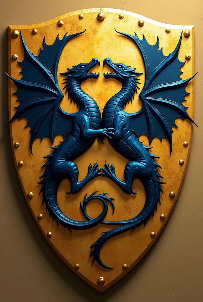 Create a shield image inspired by the style of 'Game of Thrones', with a solid gold background. No centro do escudo, place two navy blue dragons with necks crossed over each other with wings spread. The dragon should have a stylized design, similar to the coats of arms of 'Game of Thrones', but with a new and innovative touch. Avoid replicating the Targaryen dragon, and look for a creative and original look that matches the medieval aesthetics of the coats of arms, remembering to use the series' aesthetics, being optimized and beautiful