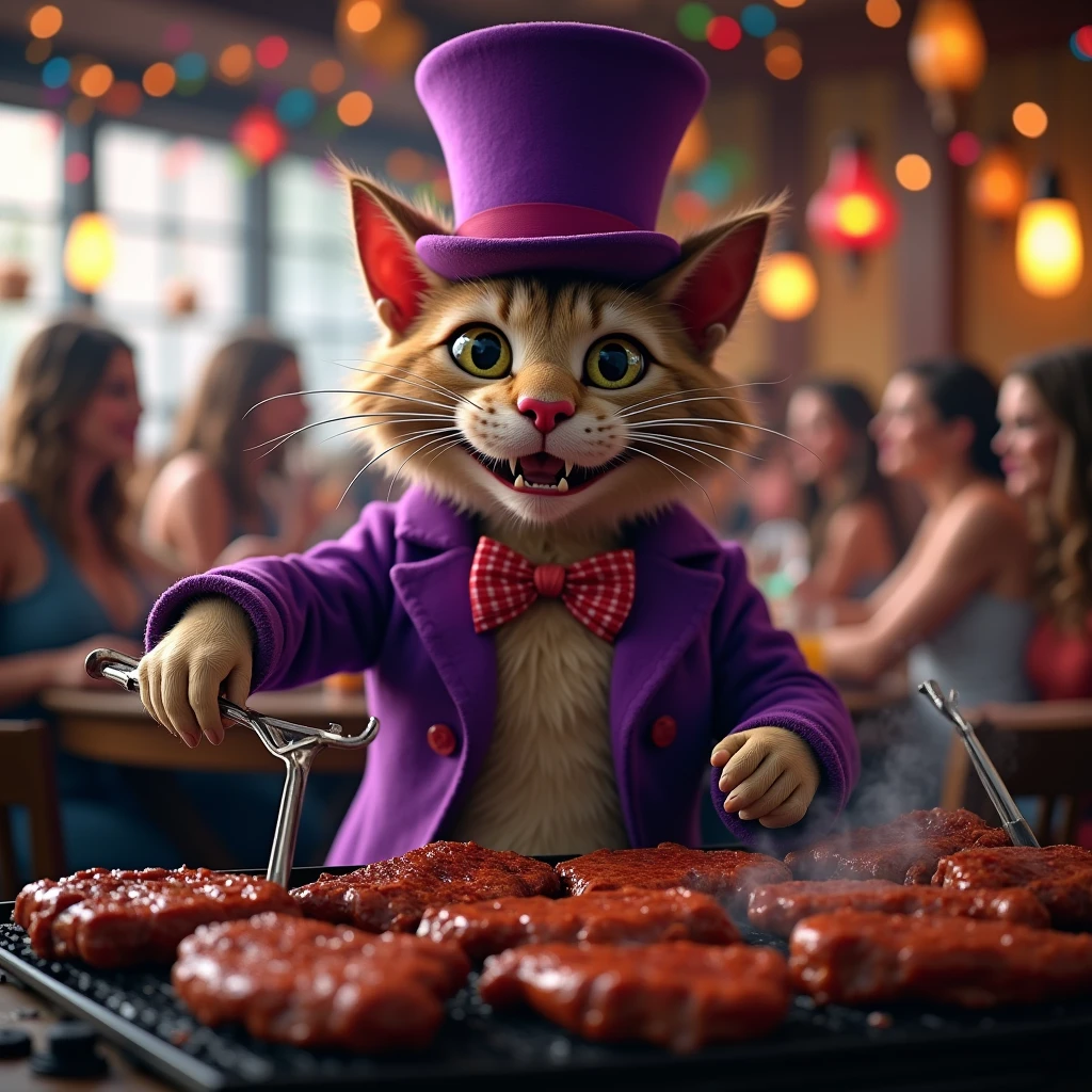 Alice in Wonderland cat in the corner of the picture , dressed in purple top hat and jacket, making meat on an American barbecue, in a party atmosphere with confetti and drinks. The image must have a small zoom, panoramically, as if the photo was taken from far away, showing quite the festive atmosphere inside a bar