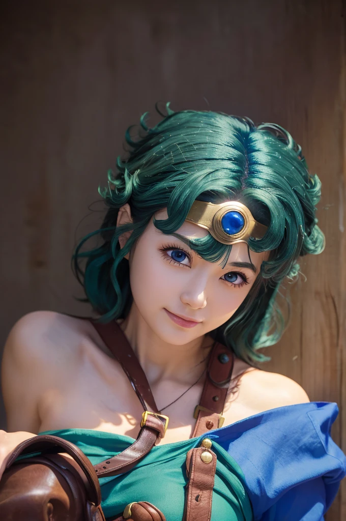 masterpiece、1 beautiful girl、Beautiful Eyes、smile、Puffy eyes、Highest quality, 超High resolution, (reality: 1.4), Cinema Lighting、Japanese、Asian Beauty、Korean、so beautiful、Beautiful Skin、Body facing forward、Face close-up、Upper body close-up,(超reality的な)、(High resolution)、(8K)、(Very detailed)、(美しくBeautiful Eyes)、(Very detailedな)、 (wall-)、Detailed face、Bright lighting、Professional Lighting、Looking at the audience、Look straight ahead、Diagonal bangs、Bright light Blue Hair、Nogizaka idol、20-year-old､masterpiece, Highest quality, Very detailedな, shape, Sage_(dq3),Long Hair, Blue Hair, Circlet, Red eyes,Small breasts, Yellow gloves, White Dress, belt, Cape, boots,Get down on one knee.to burst into flames.A near-death situation.